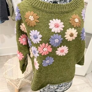 RAGA Olive Sweater with Multicolor Floral Embroidery
